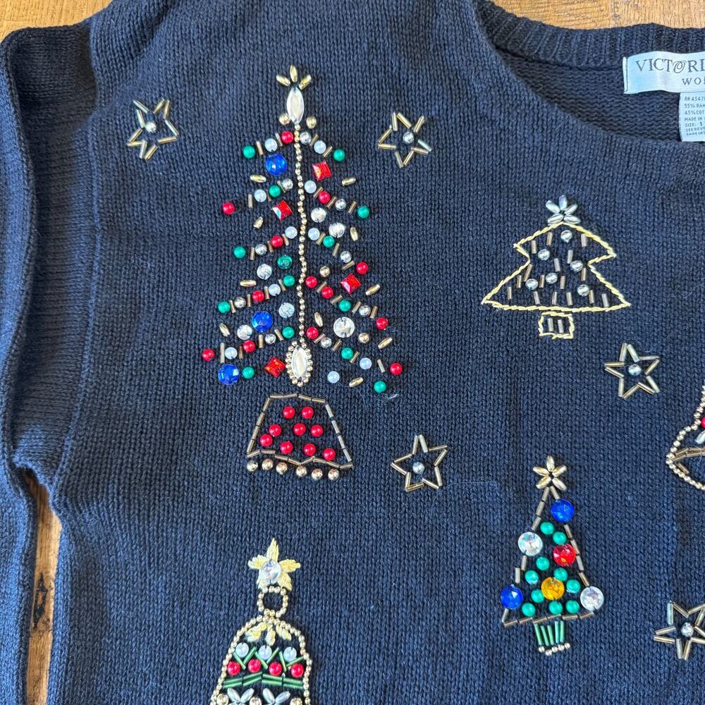 VTG Victoria Jones Christmas Tree Sweater Black Beaded Embroidered Plus Size 1X - Picture 3 of 6